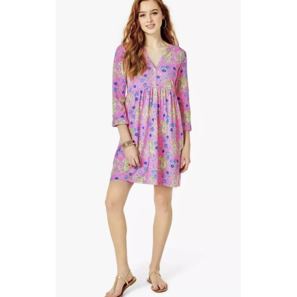 Lilly Pulitzer Loran Prosecco Pink Tigress Garden Tiered Swing Dress Size Xs